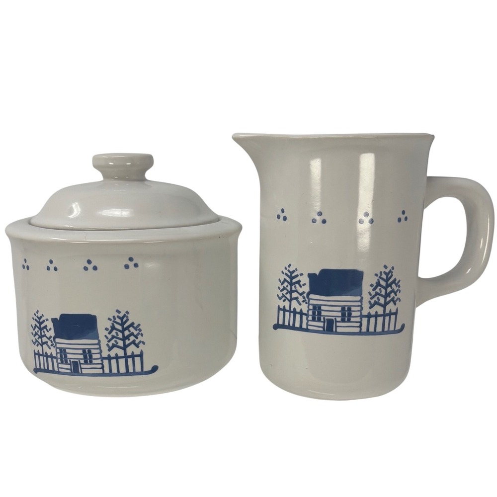 Vintage 1984 Lillian Vernon Blue White Country Log Cabin Creamer and Sugar Set